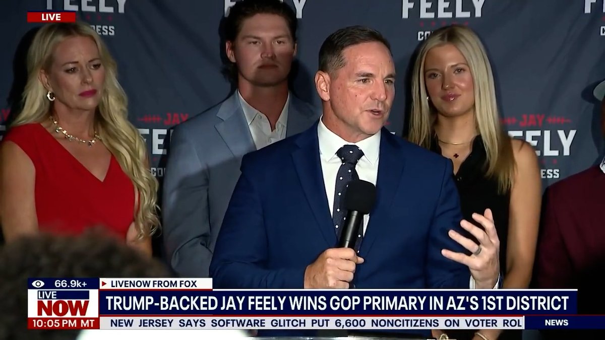 Republican nominee in #AZ01 Jay Feely in victory speech: “Why did I decide to run for office? It is a desire to leave this country better for our children & our grandchildren.” “The Democrat Party has embraced Democrat Socialism. They have chosen to move further to the left.” “They are talking about abolishing the border. They are talking about abolishing the police department.” "We're not going to let it happen."