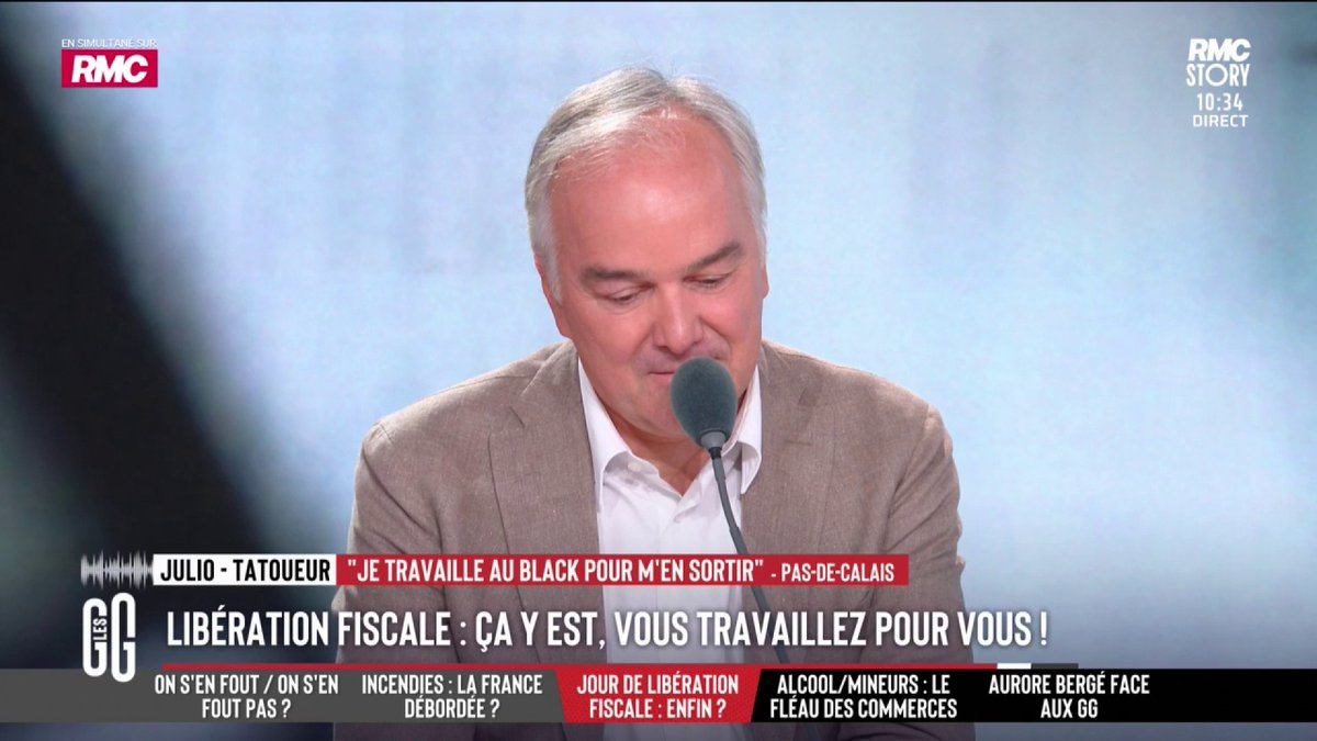 💸 Journée de libération fiscale : à partir d’aujourd’hui, vous travaillez pour vous ! 📞 Julio, tatoueur, au 3216 : "Je me suis libéré seul. Je prends une bonne partie au black maintenant. Je déclare que 30 %. Je m'appelle pas Julio d'ailleurs." #GGRMC