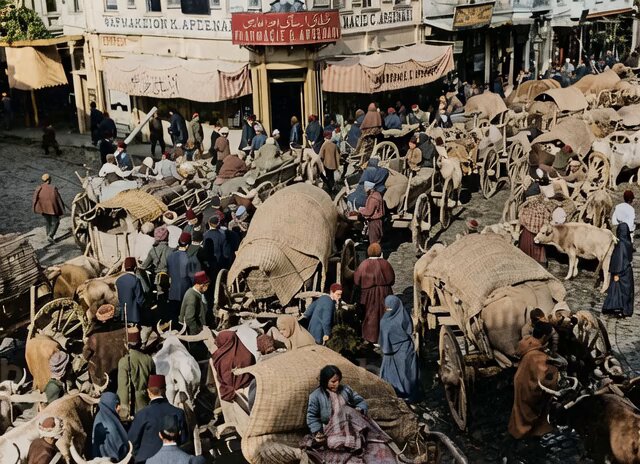 Balkan Harbi felaketi sonrasında İstanbul'a sığınan Rumeli Türkleri, kağnılara yükledikleri eşyaları ile Galata'da... #kaybolantarihinpeşinde
