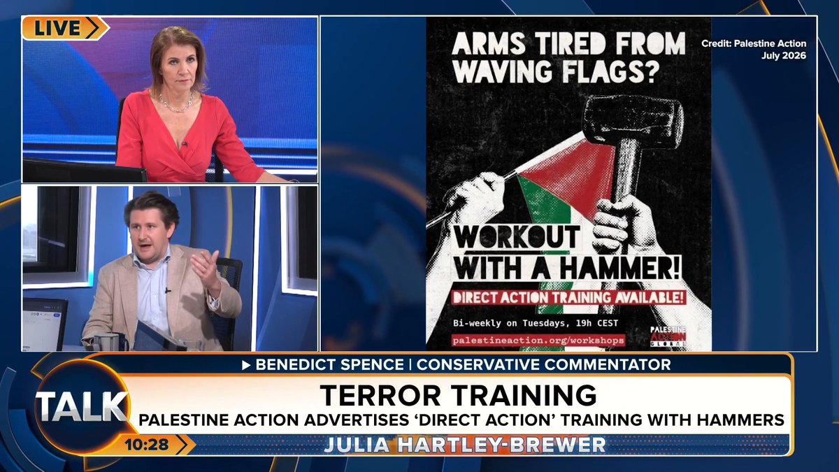 🚨"We don't want that HERE" Julia Hartley-Brewer and Benedict Spence condemn the Palestine Action posters promoting 'direct action' training with hammers weeks after Ann Widdecombe's death. Benedict Spence | Julia Hartley-Brewer