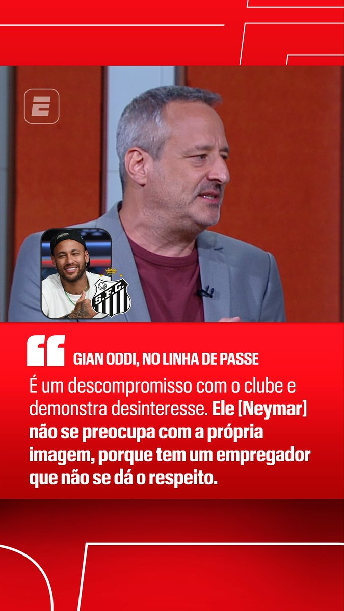 “O que chama atenção é o Neymar não ter nem o pudor de não ir jogar pôquer horas antes do jogo do Santos.” “É um descompromisso com o clube… Ele não se preocupa com a própria imagem, porque tem um empregador que não se dá o respeito.” “O Neymar faz o que quiser e ninguém vai falar nada no Santos. E ele sabe que qualquer crítica que ele venha a receber, vai ter aquele monte de bajuladores prontos para defendê-lo.” 🎙️ Gian Oddi, na ESPN. 🎥 ESPN Brasil | SportsCenter Brasil