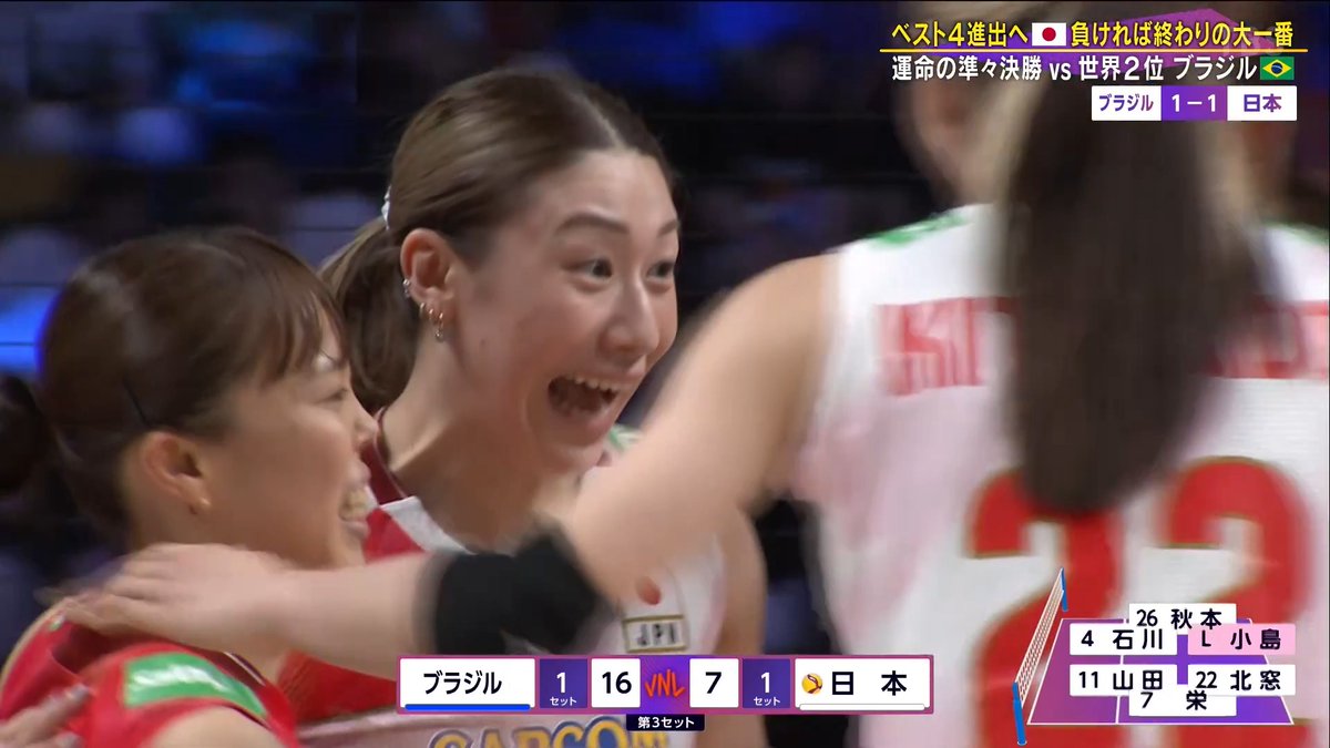 ／ #バレーボールネーションズリーグ ✨🎌 📺地上波TBS系列放送中📺 ＼ 【準々決勝】 🇯🇵日本 ㉖ ㉒ ⑯ 1️⃣ 🇧🇷ブラジル ㉔ ㉕ ㉕ 2️⃣ ニッポンの守護神 #小島満菜美 選手の諦めない守備🇯🇵 第3セットはブラジルに大差をつけられ🇧🇷セット連取💥