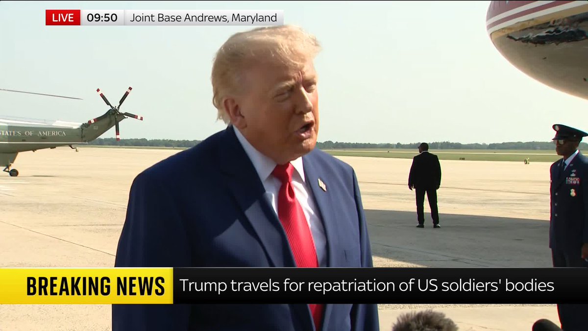 BREAKING: Trump enters Air Force One from Maryland to travel for the repatriation of soldiers' bodies who were killed in Iran. It's one of the "hardest things to do as a president," Trump told reporters. 📺 Sky 501, Virgin 602, Freeview 233