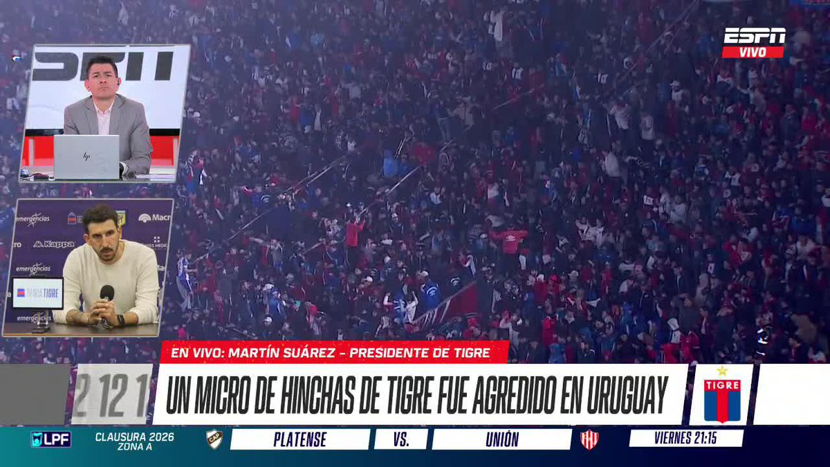 "NO FUE UNA TRAGEDIA POR CENTÍMETROS" Martín Suárez, presidente de Tigre, sobre el ataque a los hinchas del Matador, tras el partido contra Nacional, en Uruguay. ▶️ Mirá #ESPNF12 en el Plan Premium de #DisneyPlus