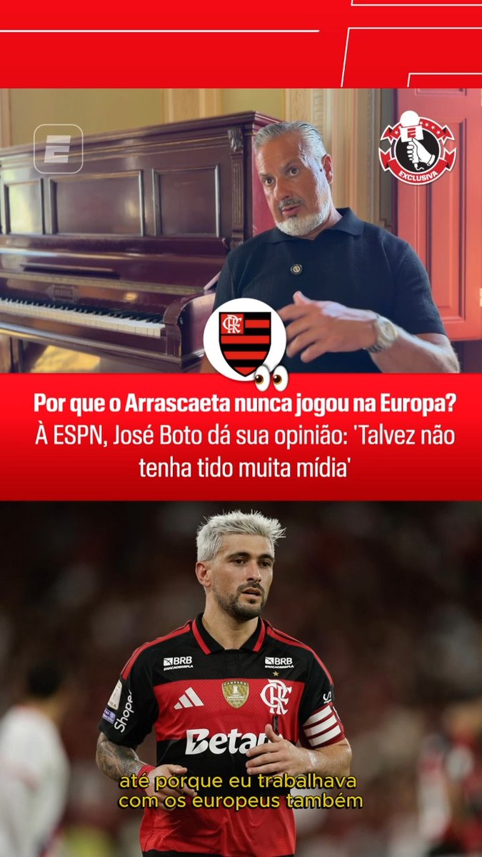 José Boto, diretor de futebol do Flamengo, sobre Arrascaeta nunca ter jogado na Europa: “Eu me faço essa pergunta muitas vezes. Talvez ele não tenha tido muita mídia. Ou talvez pela idade…” “Realmente é inexplicável um jogador com a classe dele nunca ter tido a oportunidade de jogar na Europa. Ou até teve, mas o clube não era tão grande. Com todo respeito, mas você trocar o Flamengo por um Crystal Palace não me parece uma troca justa.” “No auge, seguramente o Arrascaeta jogaria nos 5 melhores clubes da Europa.” 🎥 ESPN Brasil | SportsCenter Brasil