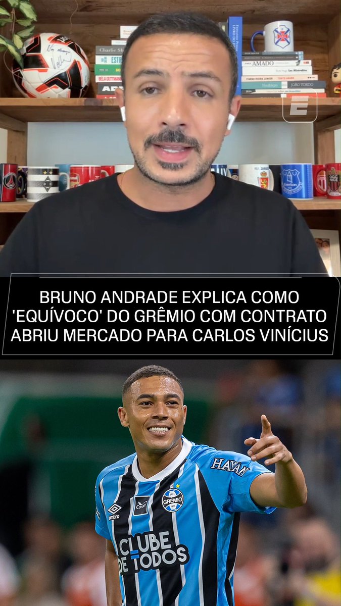 QUE SITUAÇÃO! 🫠🇪🇪 No Fala a Fonte, Bruno Andrade explicou o momento de Carlos Vinícius no Grêmio. O atacante não bateu as metas necessárias para uma renovação automática do contrato e, agora, teria que começar uma negociação do zero para seguir no Tricolor Gaúcho. O jogador não fecha as portas para o clube, mas espera uma valorização maior e, enquanto isso, já pode assinar um pré-contrato com outra equipe. 👉 Assista ao Fala a Fonte no YouTube da ESPN Brasil! #FalaFonte #FutebolNaESPN #Grêmio #CarlosVinicius