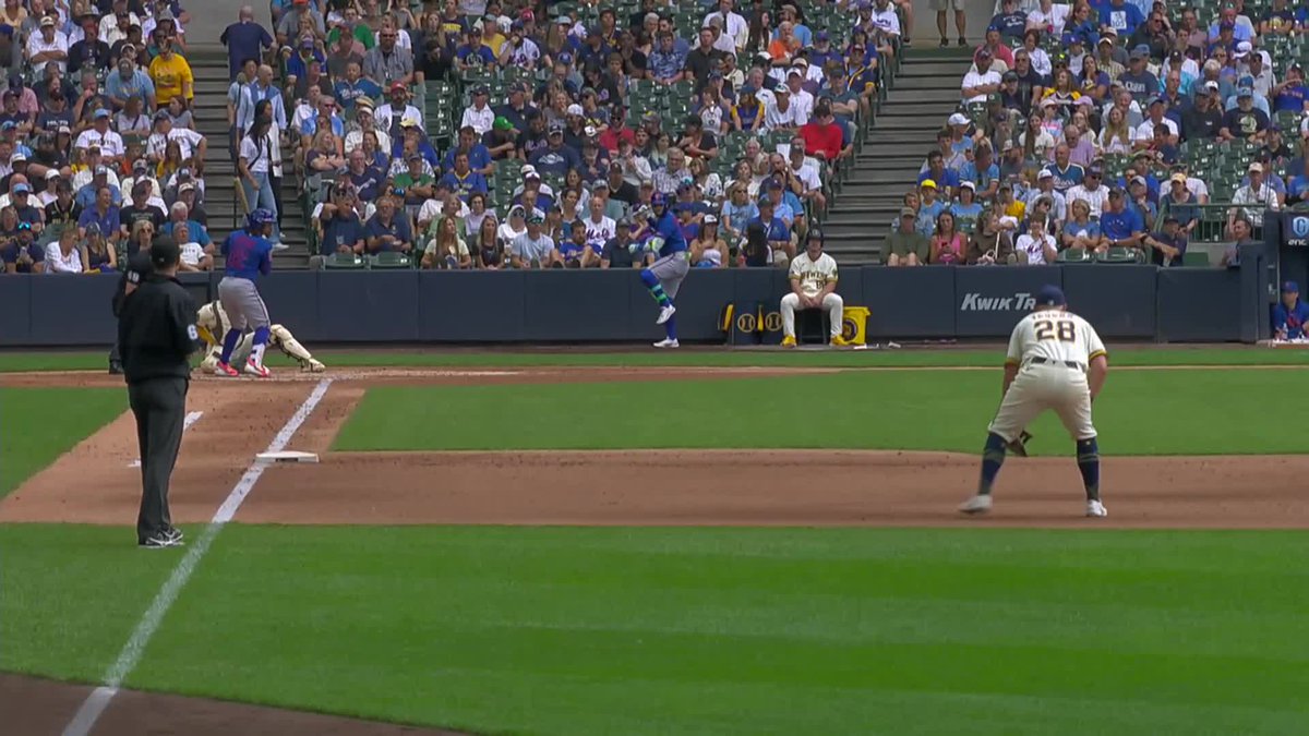 Francisco Lindor's bat flies all the way to short right field as he swings and misses at the first pitch First base umpire Alex Tosi had to get out of the way