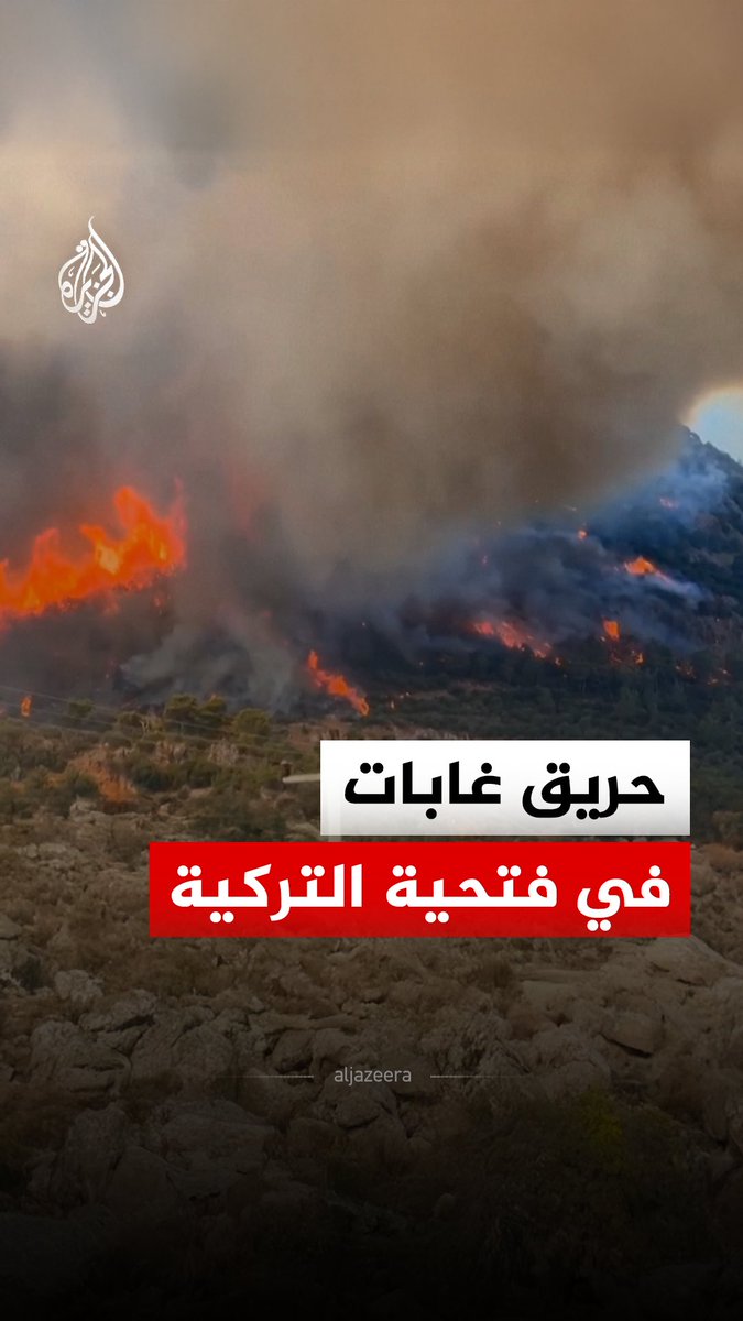 حريق غابات في منطقة جبلية بولاية موغلا التركية يمتد باتجاه المنازل المحيطة في فتحية، فيما تكافحه فرق الإنقاذ بالمروحيات ورجال الإطفاء #فيديو