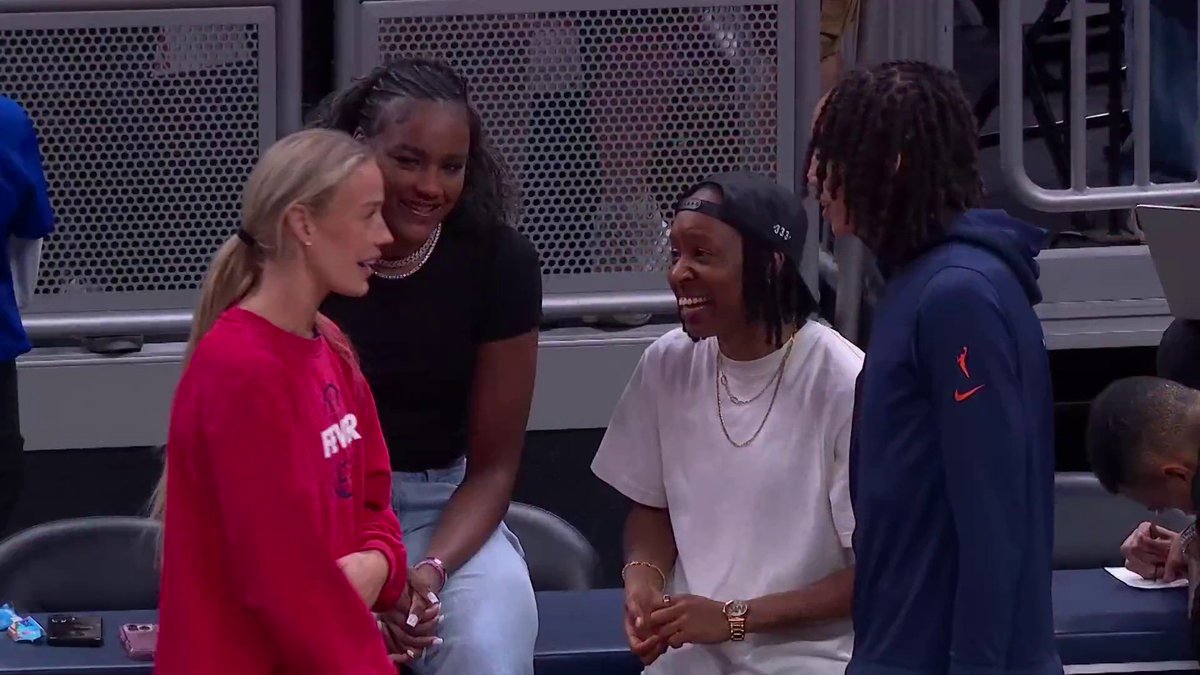 Britney Griner trying out the Sophie point 🫵 Former teammates, Sophie Cunningham and Britney Griner catching up before tonight's Sun vs. Fever match.