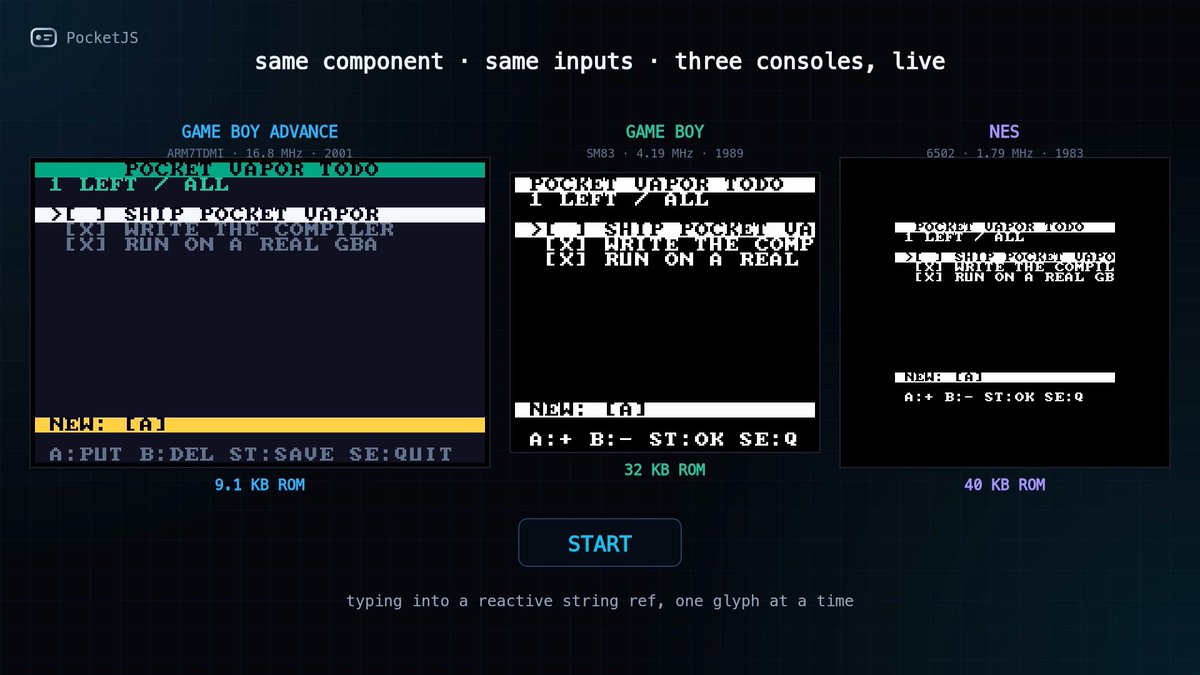 We compiled reactive JavaScript into a cartridge. The same Vue component now runs on a 2KB RAM NES and a Game Boy Advance. No JavaScript engine. No GC. The computed values and UI effects are compiled directly into bare-metal C. This is Pocket Vapor. ⚡️