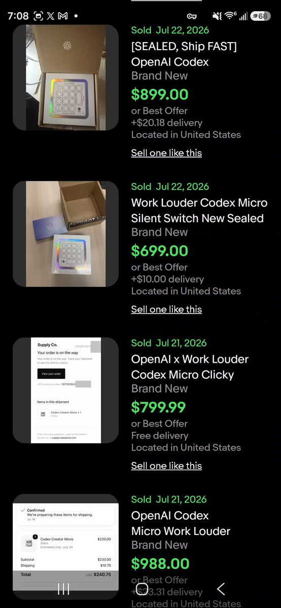 OpenAI Codex Micro Keyboards are now selling for ~$1,000 on eBay. These are all sold listings. dominik kundel what have you done? 😂