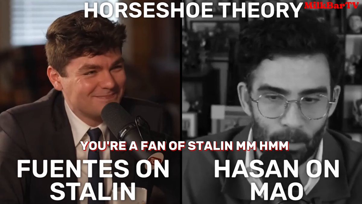 Nick Fuentes praising Stalin vs. Hasan Piker praising Mao. Horseshoe theory in full effect.
