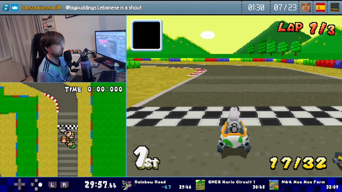 I just pulled off the best ever SNES Mario Circuit 1 race during a 32 Tracks Speedrun of Mario Kart DS!