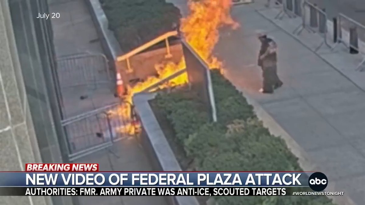 ABC News has obtained dramatic video of the attack outside a federal building in Lower Manhattan. A person is seen setting off fireworks, firing a pellet gun, and pouring gasoline and igniting it outside the building. @Aaron Katersky reports.
