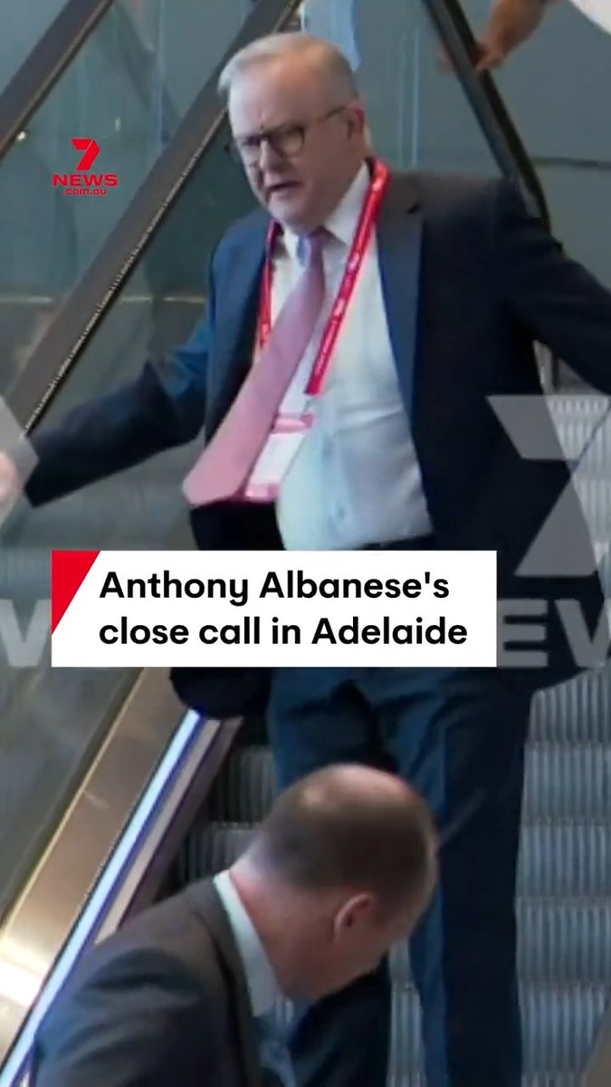 JUST IN: Anthony Albanese has nearly had an accident as he arrived for day one of Labor's 50th National Conference in Adelaide. The prime minister was taking an escalator when it suddenly stopped, becoming visibly frustrated after almost taking a tumble.