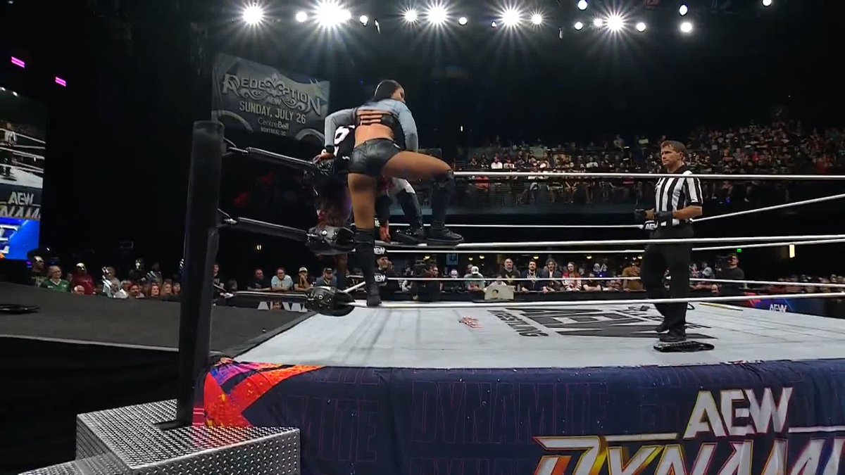 What a save from @MeganBayne! @SkyeByee lands HARD through the table! Watch #AEWDynamite LIVE on TBS &amp; HBO Max