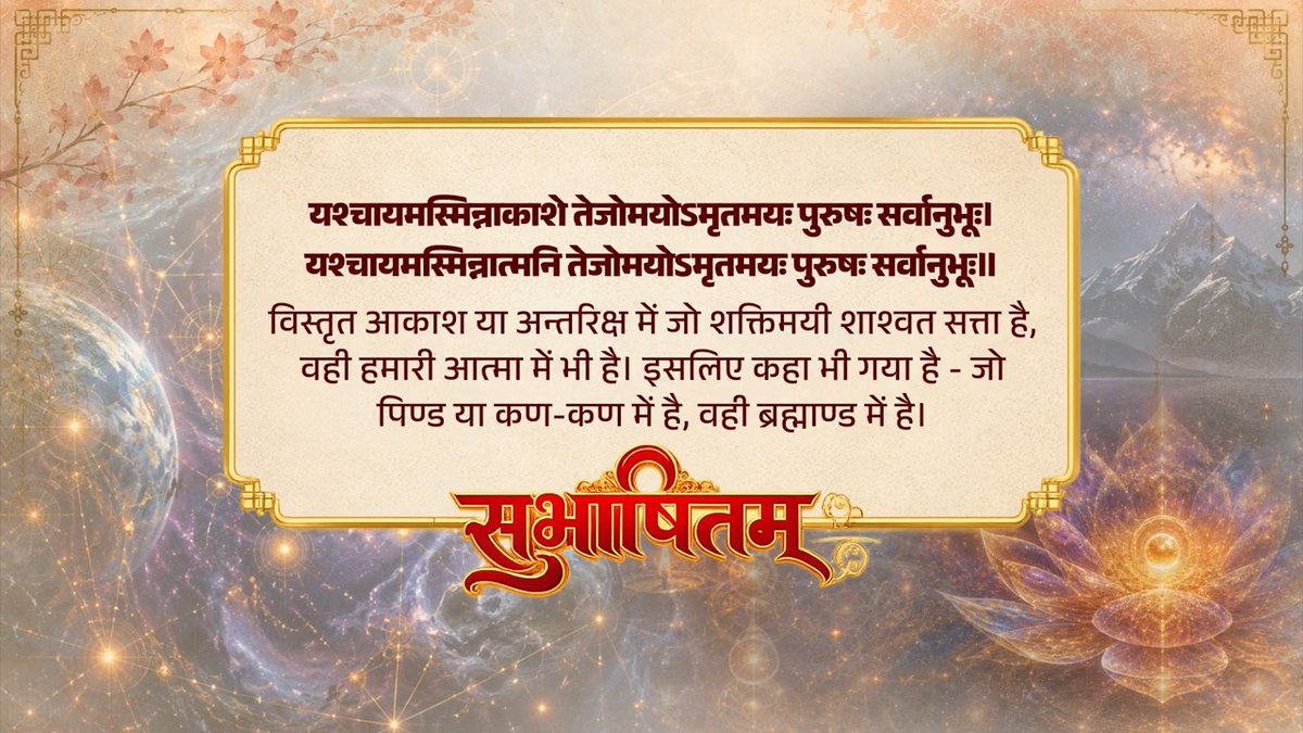 यश्चायमस्मिन्नाकाशे तेजोमयोऽमृतमयः पुरुषः सर्वानुभूः। यश्चायमस्मिन्नात्मनि तेजोमयोऽमृतमयः पुरुषः सर्वानुभूः॥