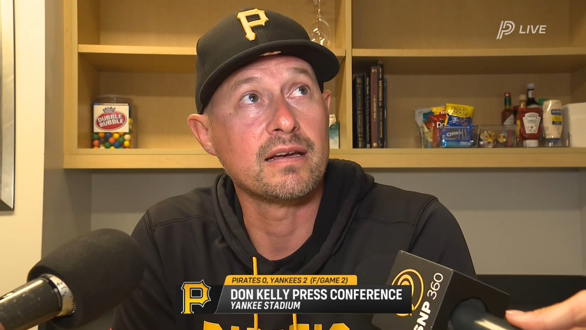 Don Kelly on the Pirates going 1-1 in today's doubleheader "It's frustrating to talk about positives after a loss, but to come into Yankee Stadium on a road trip and finish 3-3 against two good teams on a doubleheader, I thought we played pretty well today."