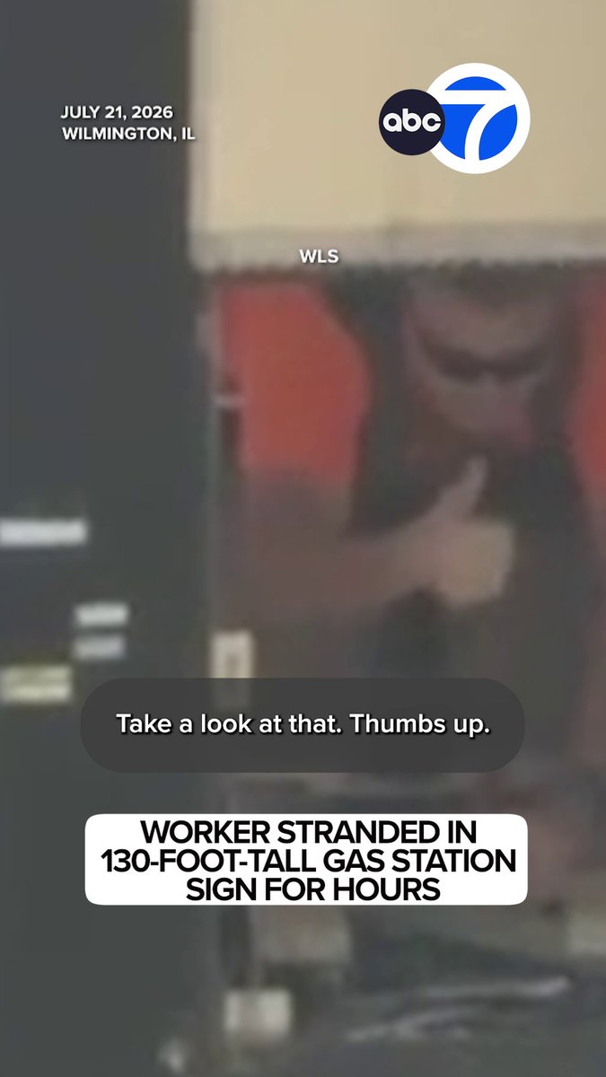 A thumbs up from 130 feet in the air! 👍🚧 A worker stranded for hours inside an Illinois gas station sign was safely rescued Tuesday after a massive emergency response and a specialized lift was brought in to reach him.
