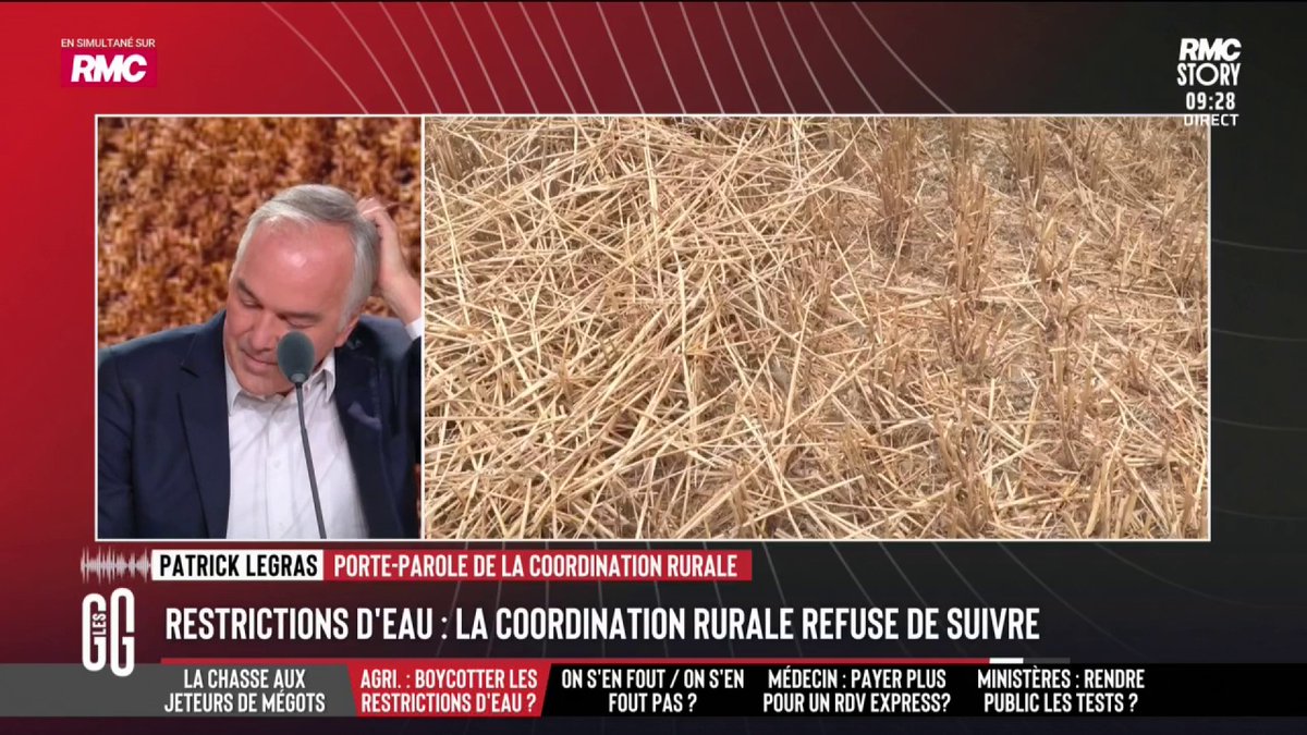 🧑‍🌾 La Coordination rurale appelle les agriculteurs à ne pas respecter les restrictions d’eau. 🎙️ Patrick Legras, membre de la Coordination rurale : "On est toujours dans l'urgence. Ça fait 10 ans. Les décisions sont prises au dernier moment. On est obligé, pour préserver ce qui est possible, d'arroser." #GGRMC