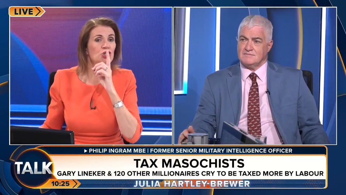 🚨"I don't need him to pay more tax; I don't want him to pay more... But if he wants to pay more... sshhhh and just pay more." Julia Hartley-Brewer tears into Gary Lineker’s virtue-signalling as he and 120 other millionaires beg the PM: "Tax us more". Julia Hartley-Brewer