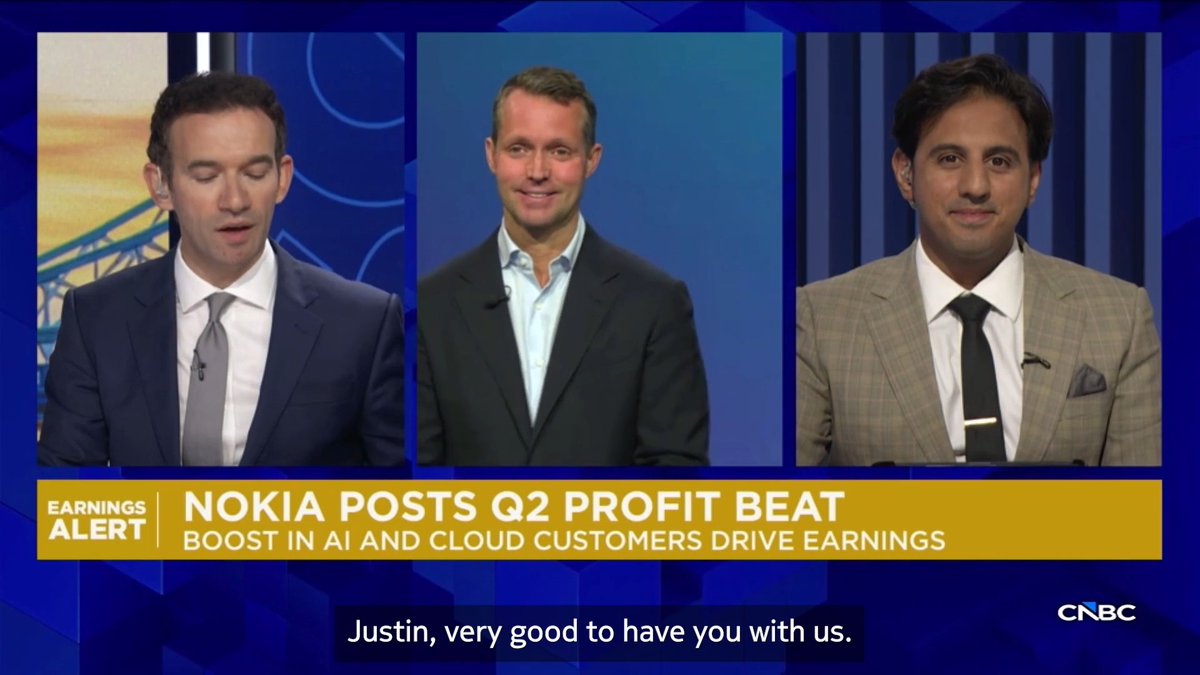 Our President &amp; CEO @JustinHotard joined CNBC to discuss our Q2 results and how we’re scaling connectivity for the AI era! 📊 Watch the clip 👇 #Nokia #QComms