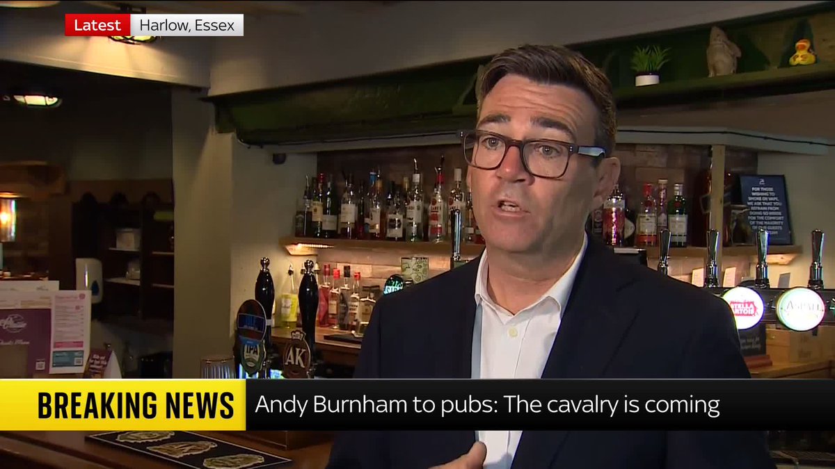 "The cavalry is coming." Speaking from a pub in Essex, Andy Burnham emphasises the value of pubs for "our heritage" after he announced he will cut business rates by 20% for pubs, clubs and live music venues from next April. 📺 Sky 501