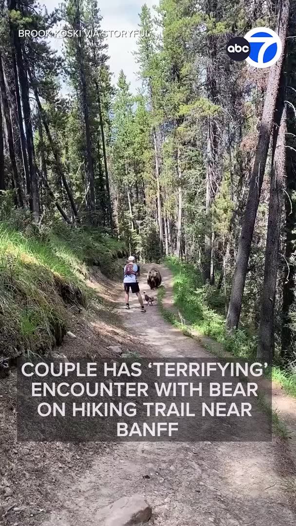 A couple had a frighteningly close encounter with a bear while walking a trail with their dog just outside of Banff, Alberta, on Sunday, July 19.