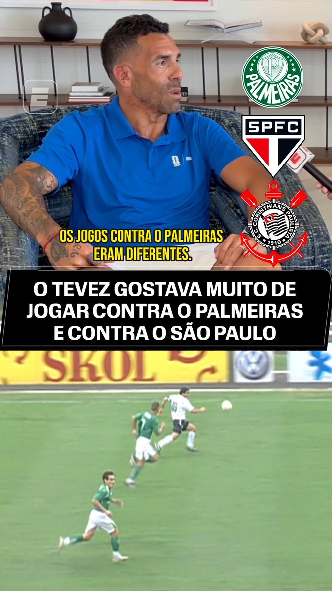 ELE GOSTAVA DE JOGO GRANDE! 👀🔥 Carlitos Tévez relembrou como eram os clássicos contra Palmeiras e São Paulo na época em que vestia a camisa do Corinthians. Saudades dessa época, fã de esportes? #FutebolNaESPN #Tévez #Corinthians