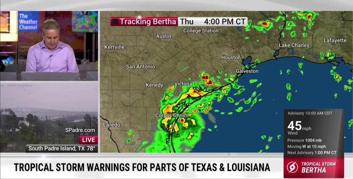 Tropical Storm Bertha is moving inland, but dangerous weather isn’t over yet. Severe storms are expected across parts of Texas this afternoon, while rough surf will continue along the Gulf Coast. Here’s the latest: