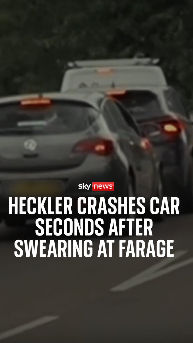 A heckler crashes car seconds after swearing at Nigel Farage. The Reform party leader posted the clip on his social media accounts, calling it 'instant karma'. After the collision, someone can be heard saying, 'she won't be doing that again in a hurry'