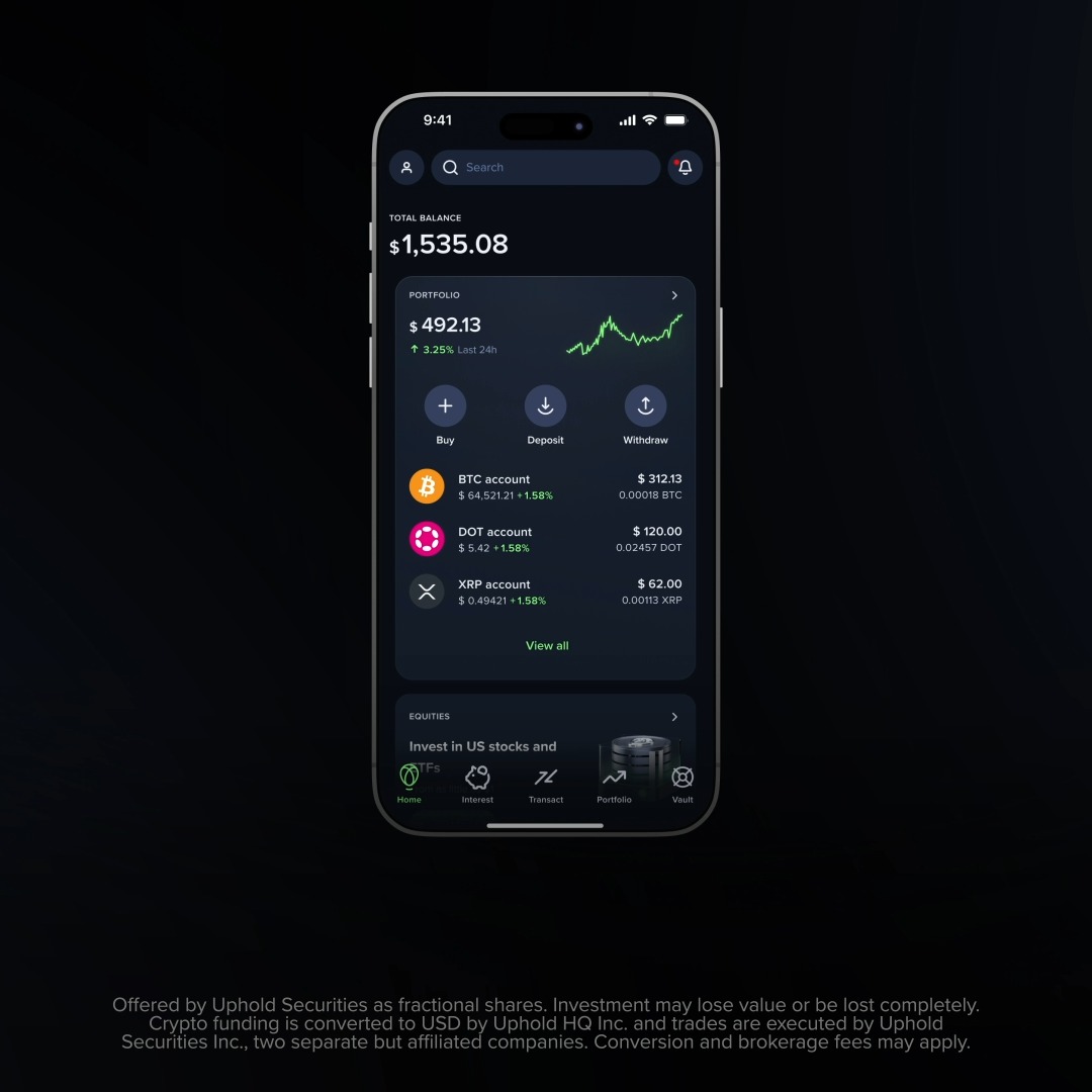 All your assets. All in one place 📲 Access 4,000+ US stocks and ETFs using your cash or digital asset balances with 0% commission. Bring your crypto and traditional investments together in the Uphold App. See how it works ↓ Offered by Uphold Securities as fractional shares. Investments may lose value or be lost completely.