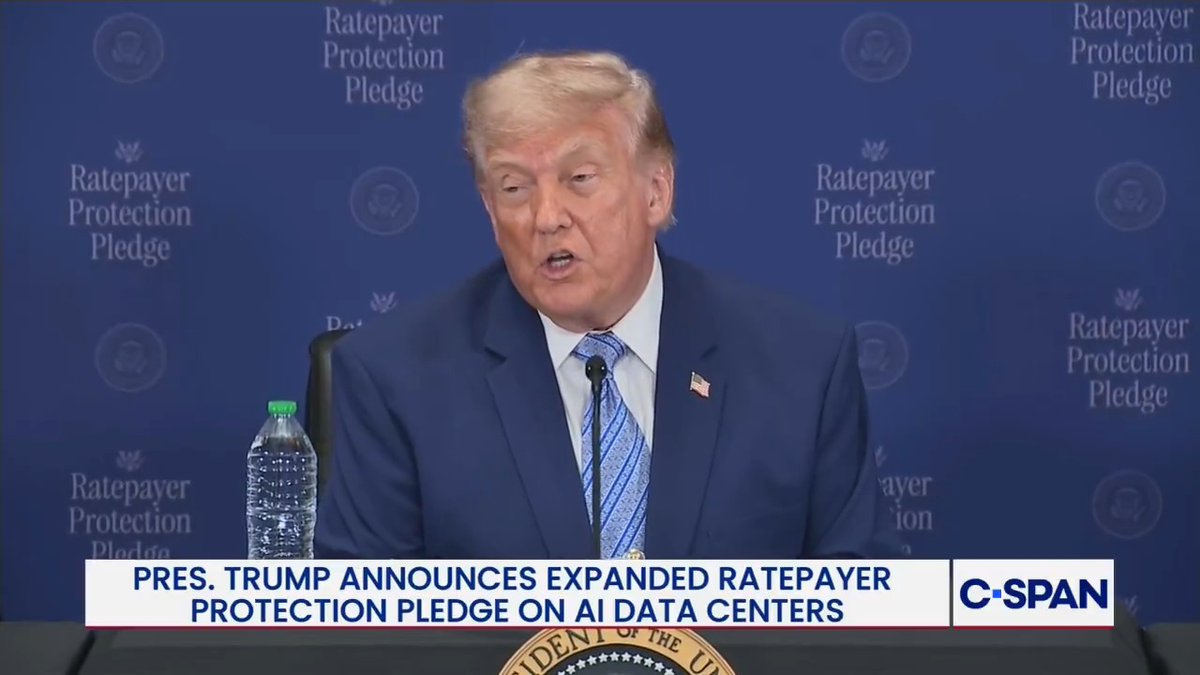 President Trump announces expanding ratepayer protection pledge to shield American consumers from high electricity bills by new AI data centers: "Electricity bills for American families will actually come down."