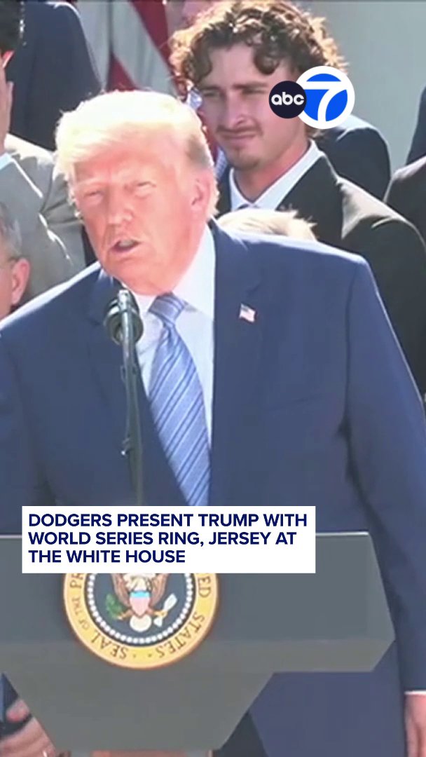 President Donald Trump welcomed the reigning World Series champion Los Angeles Dodgers to the White House on Thursday with a Rose Garden event. The team presented Trump with a World Series ring and a Dodger jersey.