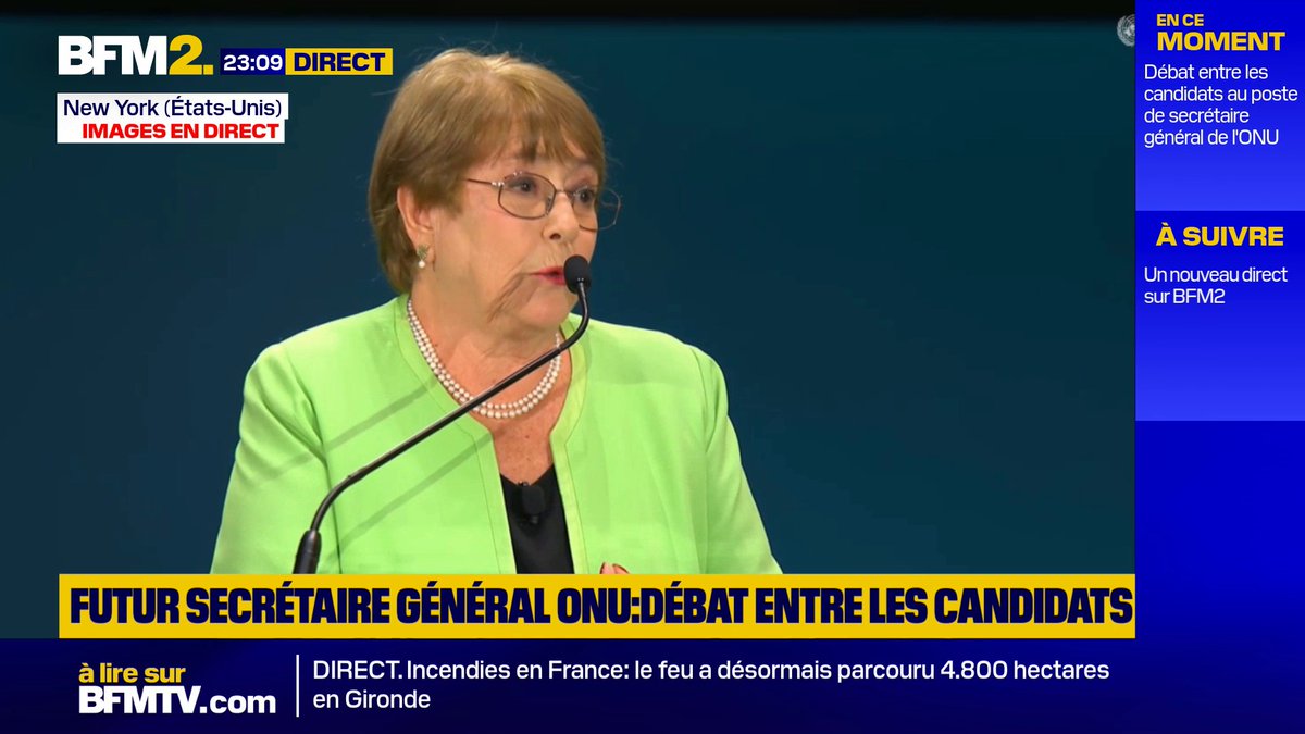 💬"Je pense qu'il est temps que des femmes prennent les rênes" ➡️Michelle Bachelet (Chili) est l'une des 6 candidates au poste de Secrétaire générale de l'ONU. Chacun disposait de deux minutes pour convaincre l'Assemblée des Nations unies #BFM2