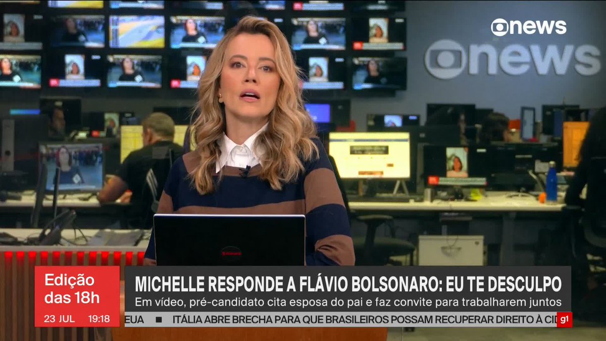 Michelle Bolsonaro responde ao vídeo de Flávio: "Eu te desculpo". O pré-candidato havia pedido à ex-primeira dama ajuda em sua campanha na tarde desta quinta-feira (23). ➡ Assista à #GloboNews ao vivo: #Edição18