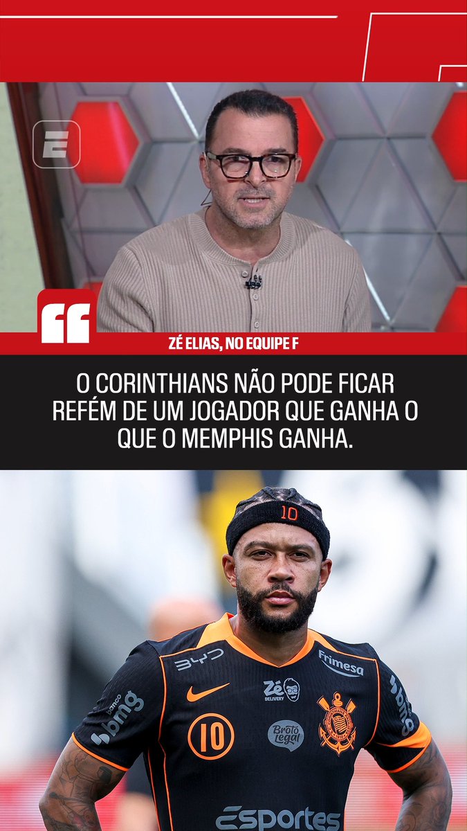 "NÃO PODE FICAR REFÉM" ⚠️ Zé Elias foi contrário à renovação de Memphis Depay com o Corinthians. Para o comentarista, o clube não pode ficar refém de um único jogador e, com o valor investido no atacante, seria possível contratar até quatro bons reforços. E você, fã de esporte, renovaria com o Memphis? 👀 #FutebolNaESPN