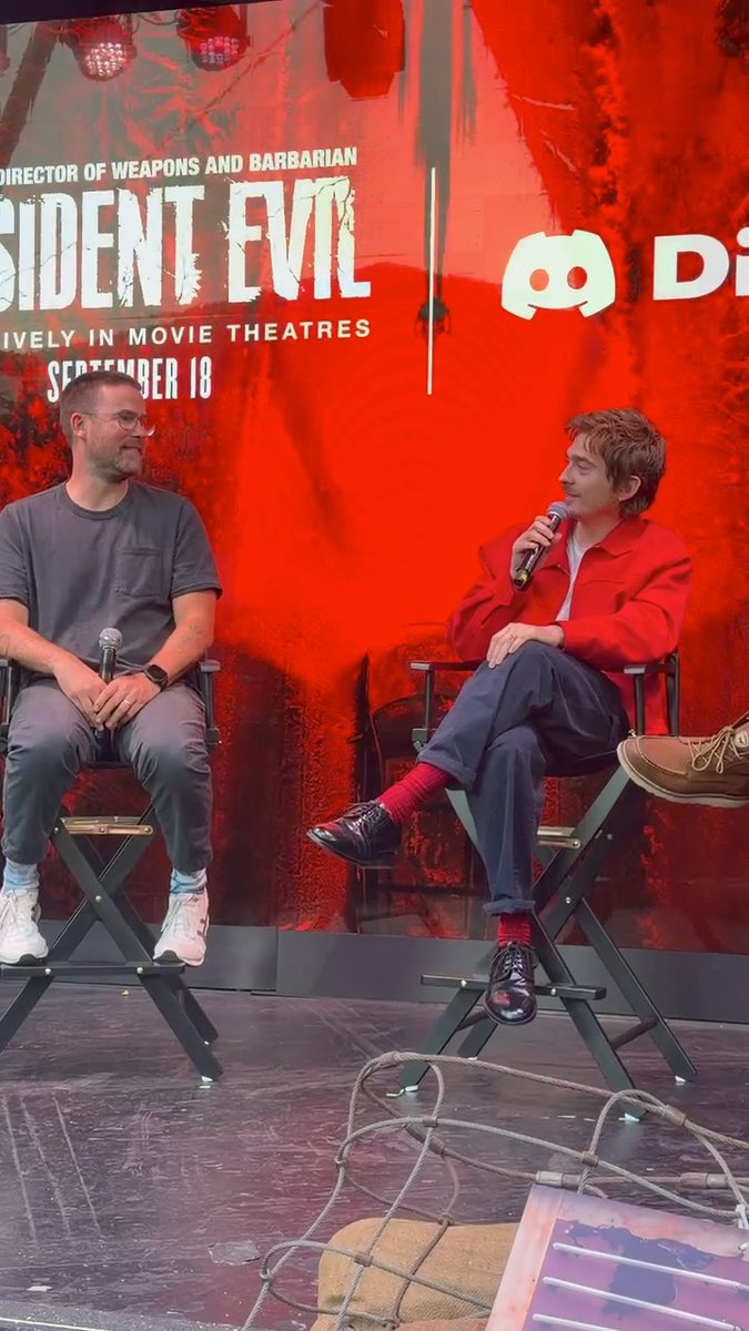 Austin Abrams reveals director Zach Cregger referenced Marty McFly, John McClane, and Kevin McCallister as inspiration for his #ResidentEvil character. #SDCC