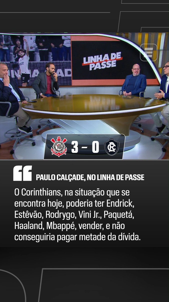 “Na situação que se encontra hoje, o Corinthians poderia ter e vender Endrick, Estêvão, Vini Jr, Rodrygo, Paquetá, Haaland e Mbappé e não conseguiria pagar metade da dívida.” 🎙️ Calçade, na ESPN. 🎥 ESPN Brasil | SportsCenter Brasil