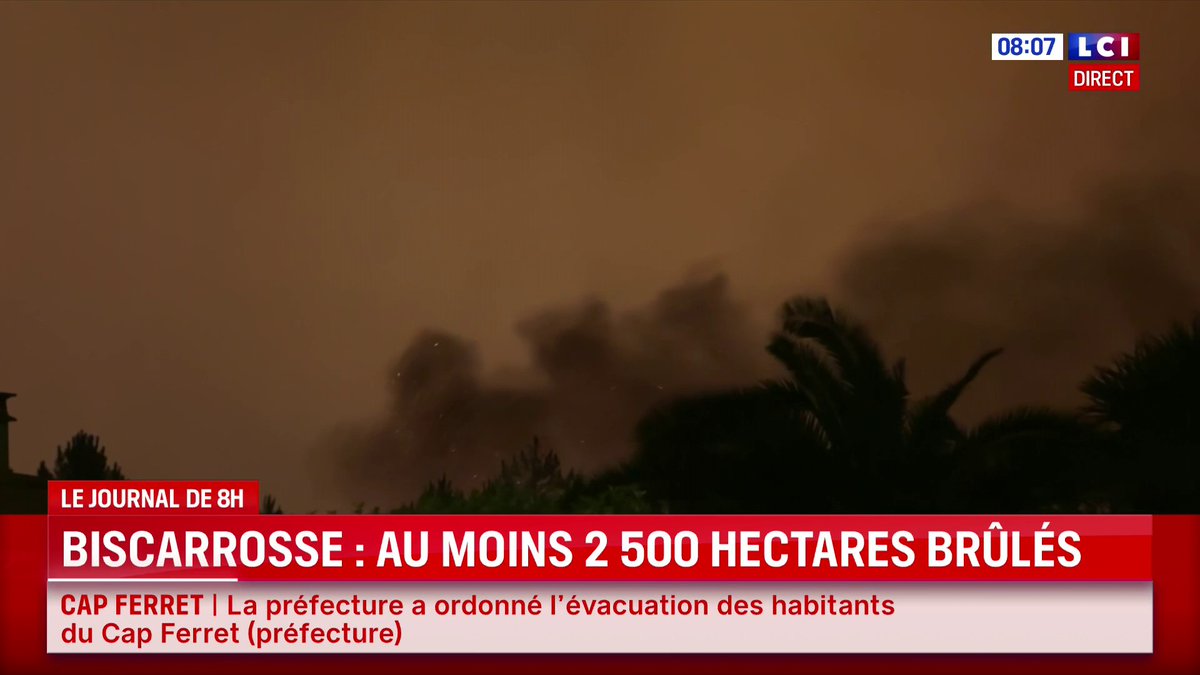 🔴 Plus de 2.500 hectares ont brûlé dans un incendie près de Biscarrosse, a indiqué la mairie tôt ce vendredi, alors que le feu continue à progresser. 📺 La matinale LCI