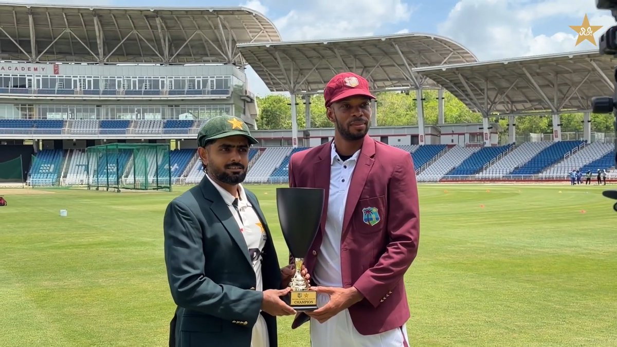 Green blazer on 🇵🇰💚 Pakistan captain Babar Azam joins West Indies captain Roston Chase for the pre-series trophy unveiling 🏆 #WIvPAK | #PakistanCricket