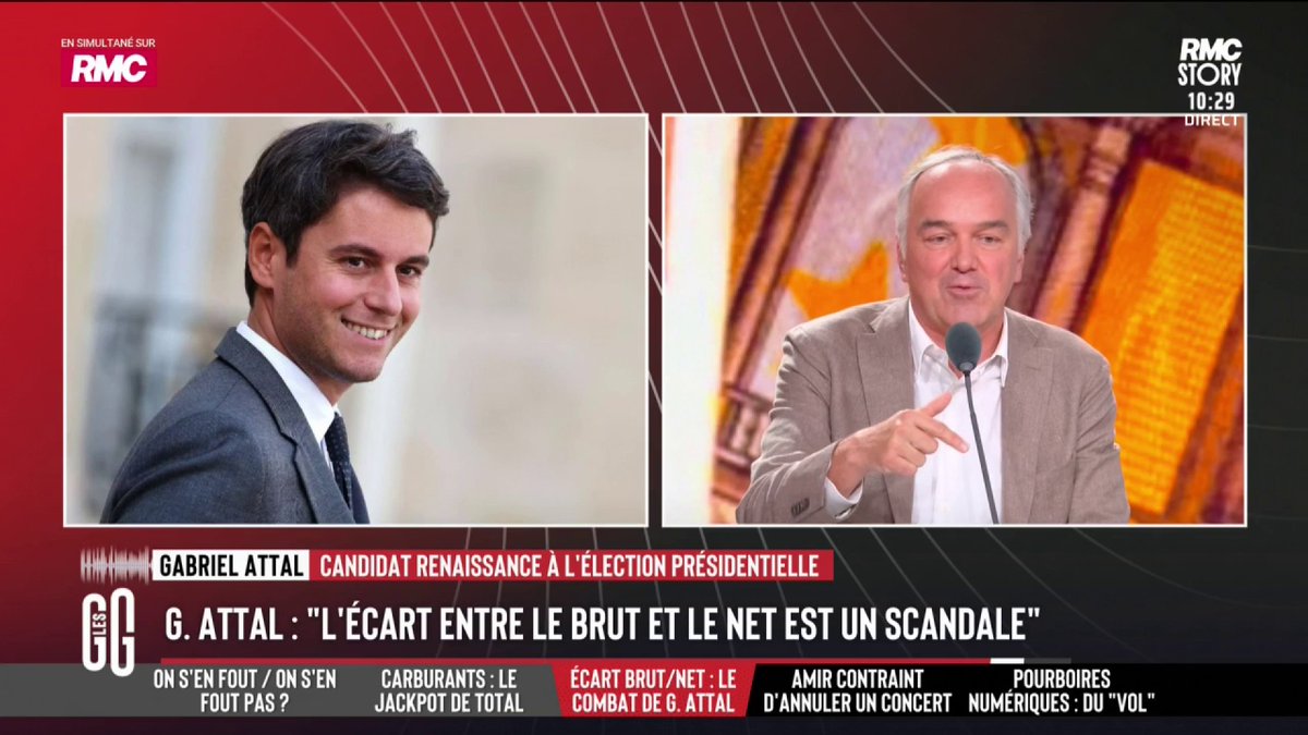 💶 "L’écart entre le brut et le net est devenu un scandale français" 🗣️ Gabriel Attal : "Notre modèle social coûte de plus en plus cher et repose sur les salariés. Il faut baisser les charges, quitte à faire des économies sur les dépenses sociales." #GGRMC