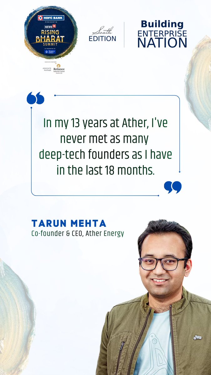 #WATCH | "In my 13 years at Ather, I've never met as many deep-tech founders as I have in the last 18 months." * Ather Energy (Ather Energy) Co-founder & CEO Tarun Mehta (Tarun Mehta) says India's deep-tech ecosystem is witnessing unprecedented momentum. * Calls the RDI Fund a "spectacular success" in accelerating deep-tech innovation. * Says the surge in deep-tech entrepreneurs reflects a maturing innovation ecosystem in India. Speaking to Moneycontrol Executive Editor (Technology & Startups) Chandra R. Srikanth (Chandra R. Srikanth) at the Rising Bharat Summit South Edition, Tarun Mehta spoke about India's deep-tech ecosystem, innovation and the future of startups. #RisingBharatSummitSouth #Ather #TarunMehta #DeepTech #Startups