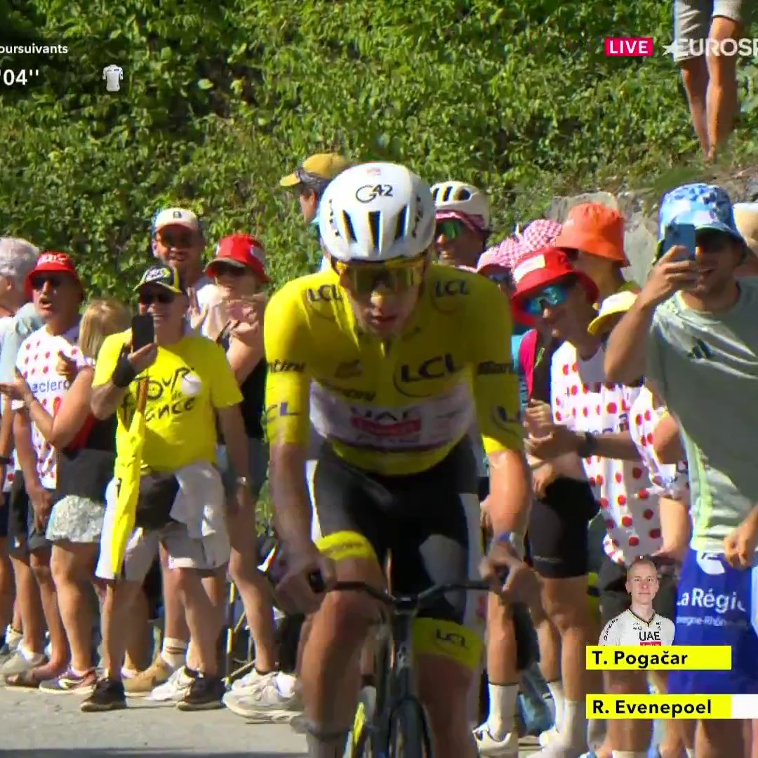 Pogacar accélère dès le pied de l'Alpe d'Huez ! Le maillot jaune se lance à la poursuite des hommes de tête à 13 kilomètres de l'arrivée. La 19e étape du #TDF2026 en direct : #LesRP