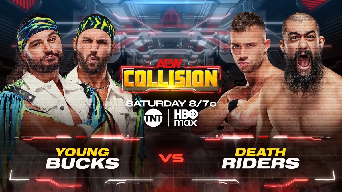 #AEWCollision 8/7c, TNT &amp; HBO Max Tomorrow, 7/25! @YoungBucks vs Daniel Garcia/YUTA The night before facing Jon Moxley &amp; Will Ospreay • ウィル・オスプレイ at #AEWRedemption, the Young Bucks COLLIDE vs another pair of Death Riders in Garcia &amp; Yuta, TOMORROW!