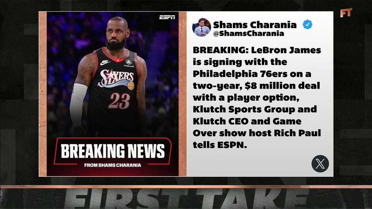 BREAKING: LeBron James is signing with the Philadelphia 76ers on a two-year, $8 million deal with a player option, Klutch Sports Group told Shams Charania. Stephen A Smith reacts to the news ⤵️