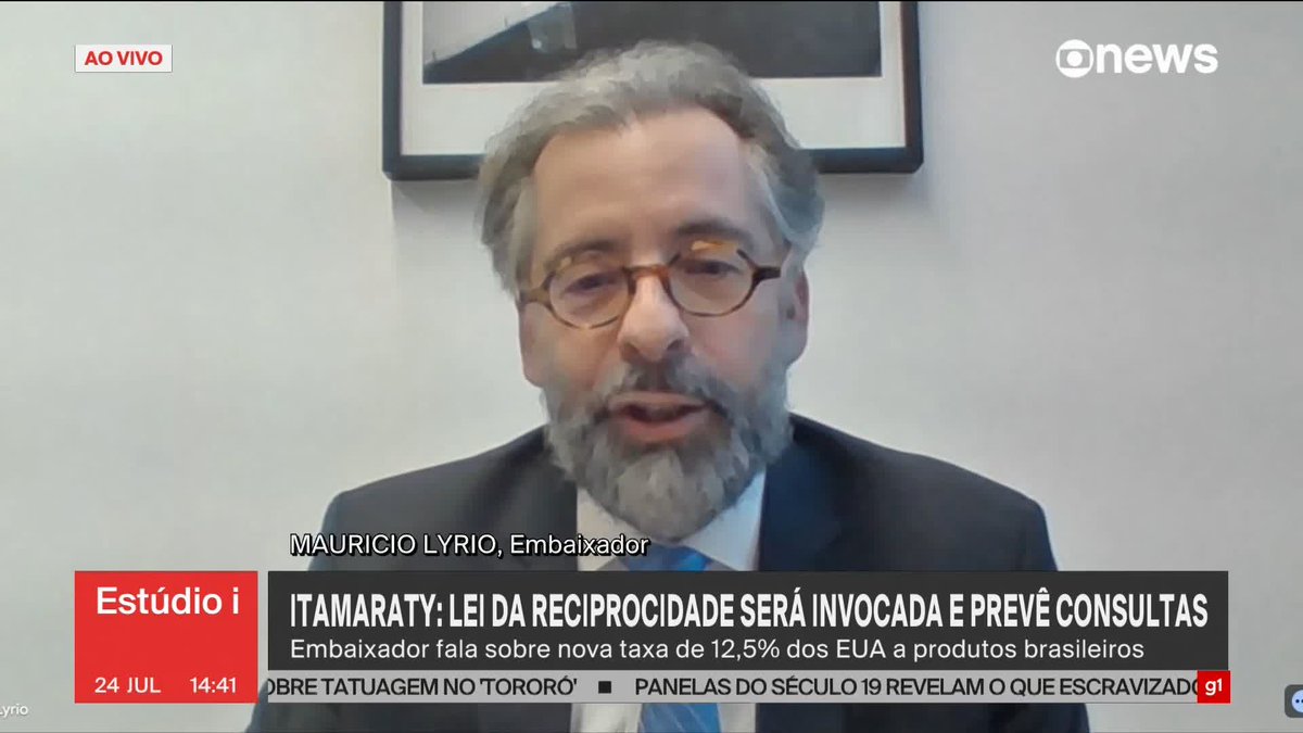 Em entrevista ao #Estúdioi, embaixador Mauricio Lyrio confirma que Lei da Reciprocidade será invocada em relação aos EUA e destaca que a norma prevê consultas diplomáticas, tanto internas como a outros países. ➡ Assista à #GloboNews: