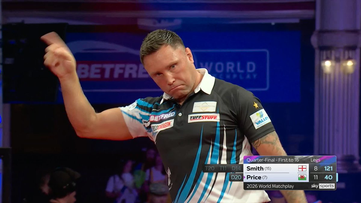 PRICE IN COMMAND! 🫡 Gerwyn Price takes out a ten-dart leg to instate a four-leg lead over Ross Smith, as the Welshman closes in on a World Matchplay semi-final! 📺 #MatchplayDarts