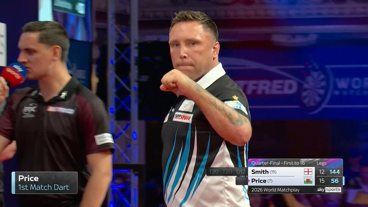PRICE PREVAILS! 🥶 Gerwyn Price wins four legs straight to triumph 16-12 against Ross Smith and progress into the semi-finals in Blackpool! 📺 #MatchplayDarts