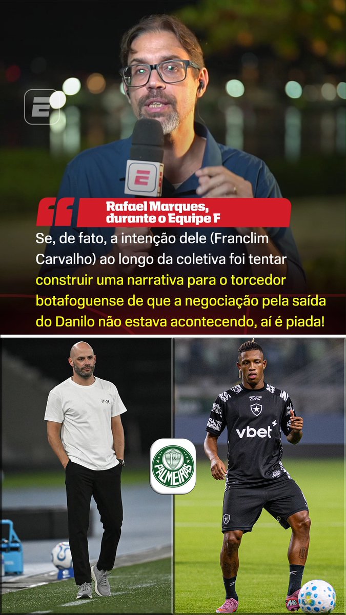 Rafael Marques, durante sua participação no Equipe F, comentou a entrevista coletiva de Franclim Carvalho, técnico do Botafogo, após a partida. O comentarista criticou a postura do treinador diante da repercussão envolvendo a tentativa de contratação de Danilo pelo Palmeiras! ⚽ #FutebolNaESPN #Botafogo